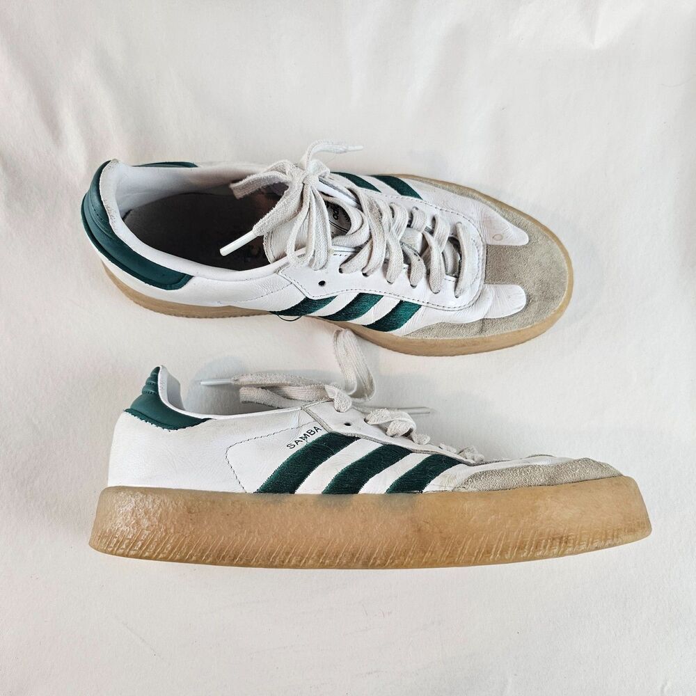 Adidas Sambae Shoes Womens 7.5 White Green Gum Leather Suede Platform Sneakers